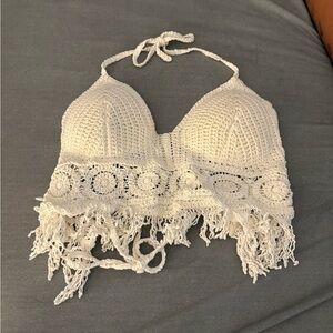 SHEIN White Crochet Fringe Crop Top